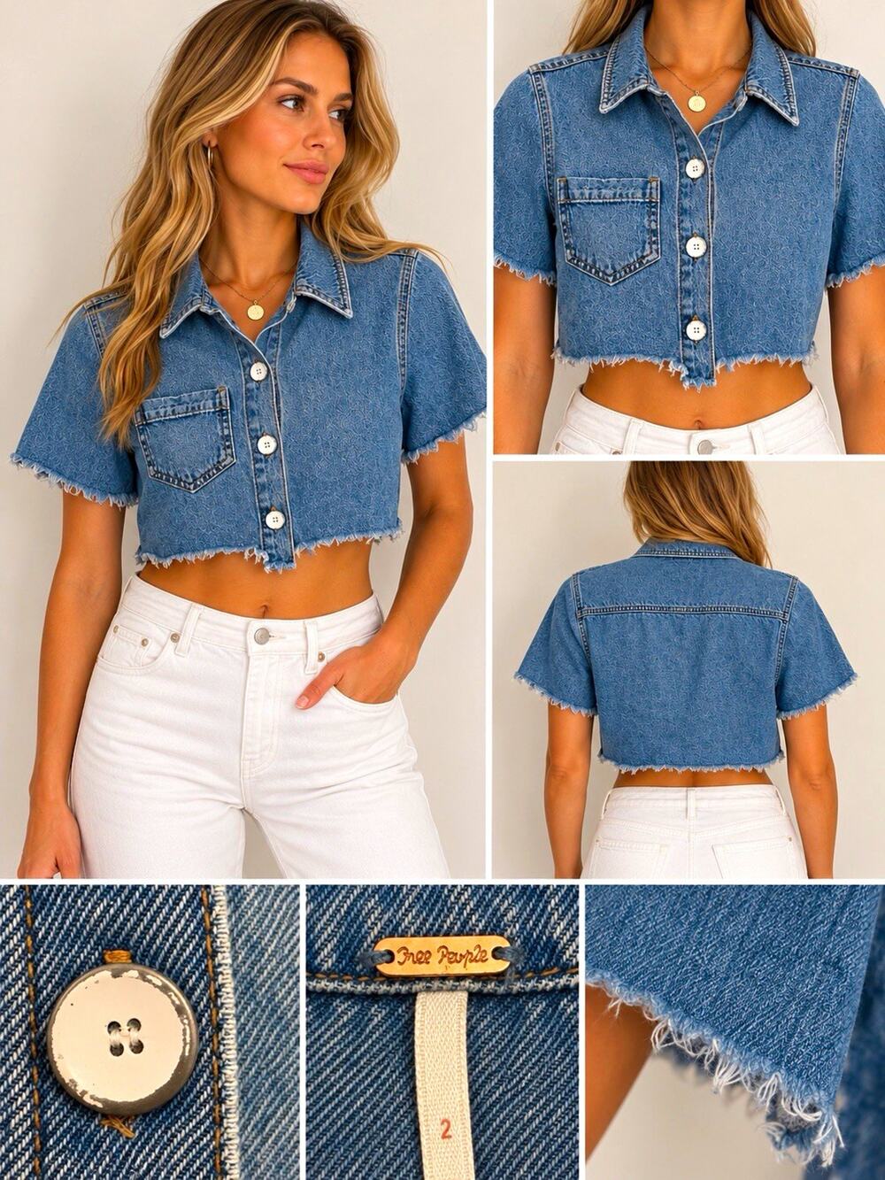 Free People Blue Denim Cropped Collared Short Sleeve Button-Up Top Size 2